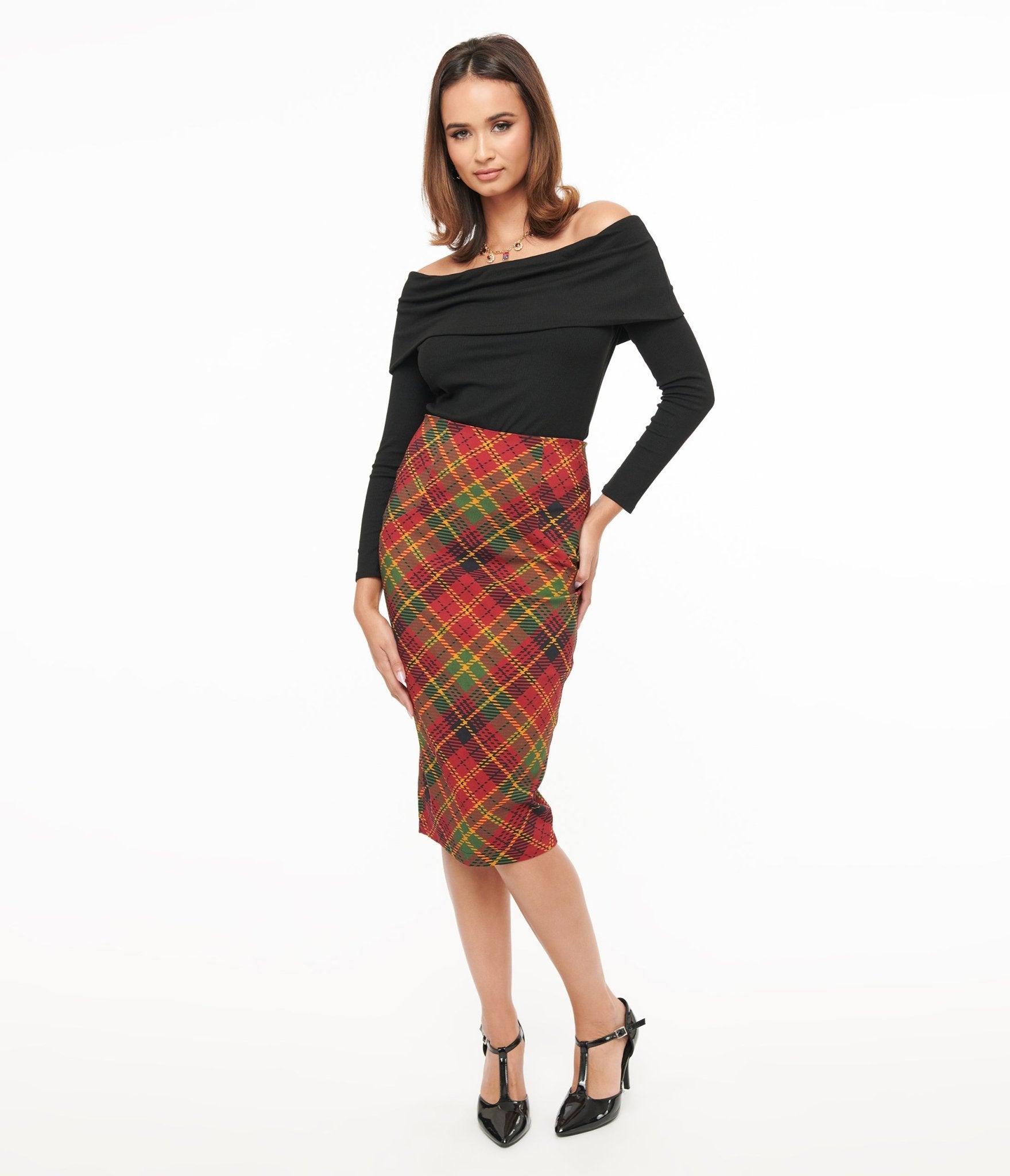 Unique Vintage 1950s Burnt Orange & Green Plaid Tracy Pencil Skirt - Unique Vintage - Womens, BOTTOMS, SKIRTS