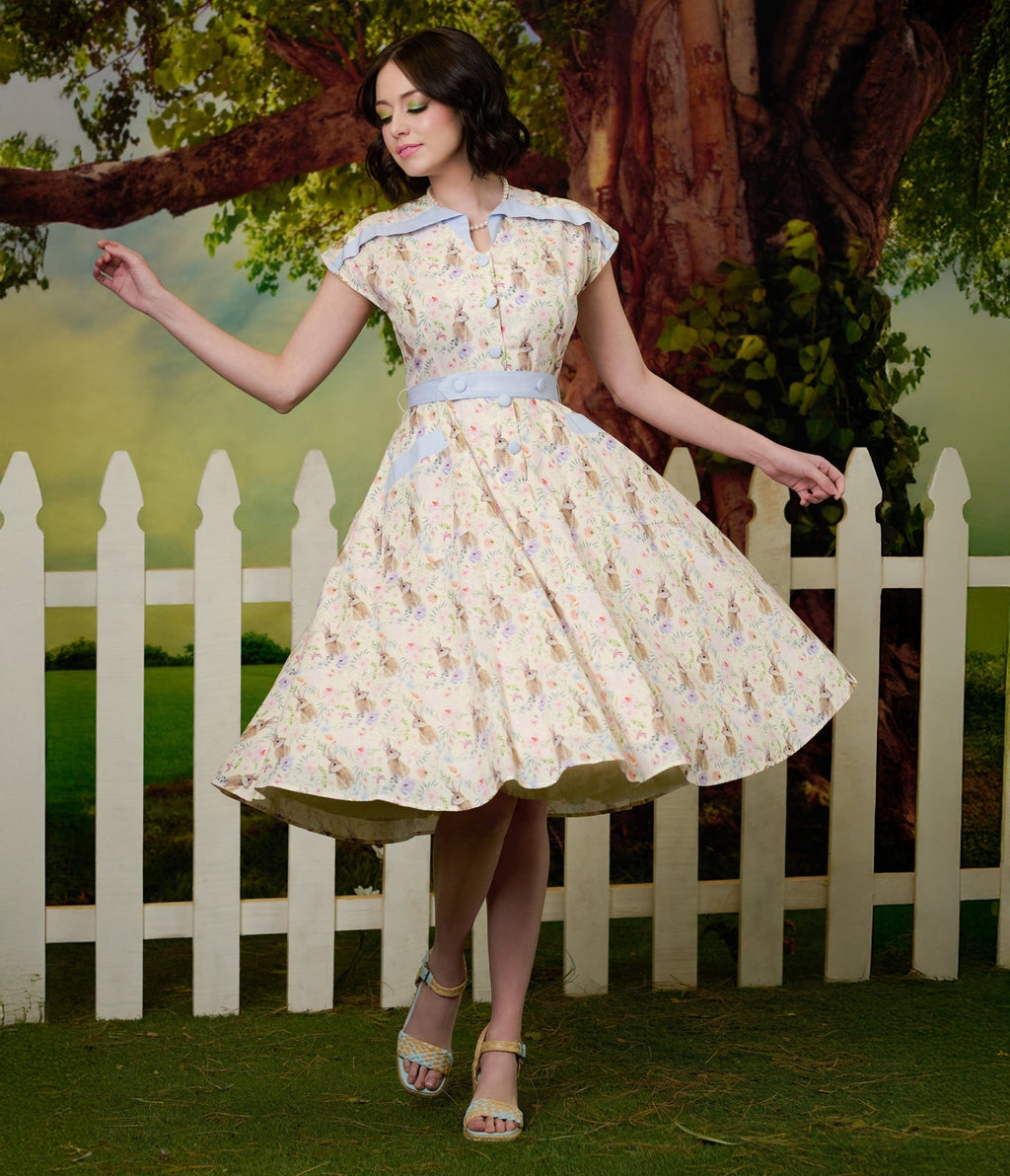 Unique Vintage 1950s Cream & Light Blue Bunny Rabbit Print Hedda Swing Dress - Unique Vintage - Womens, DRESSES, SWING