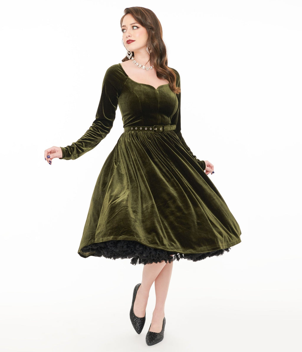 Unique Vintage 1950s Dark Olive Velvet Sweetheart Swing Dress - Unique Vintage - Womens, DRESSES, SWING