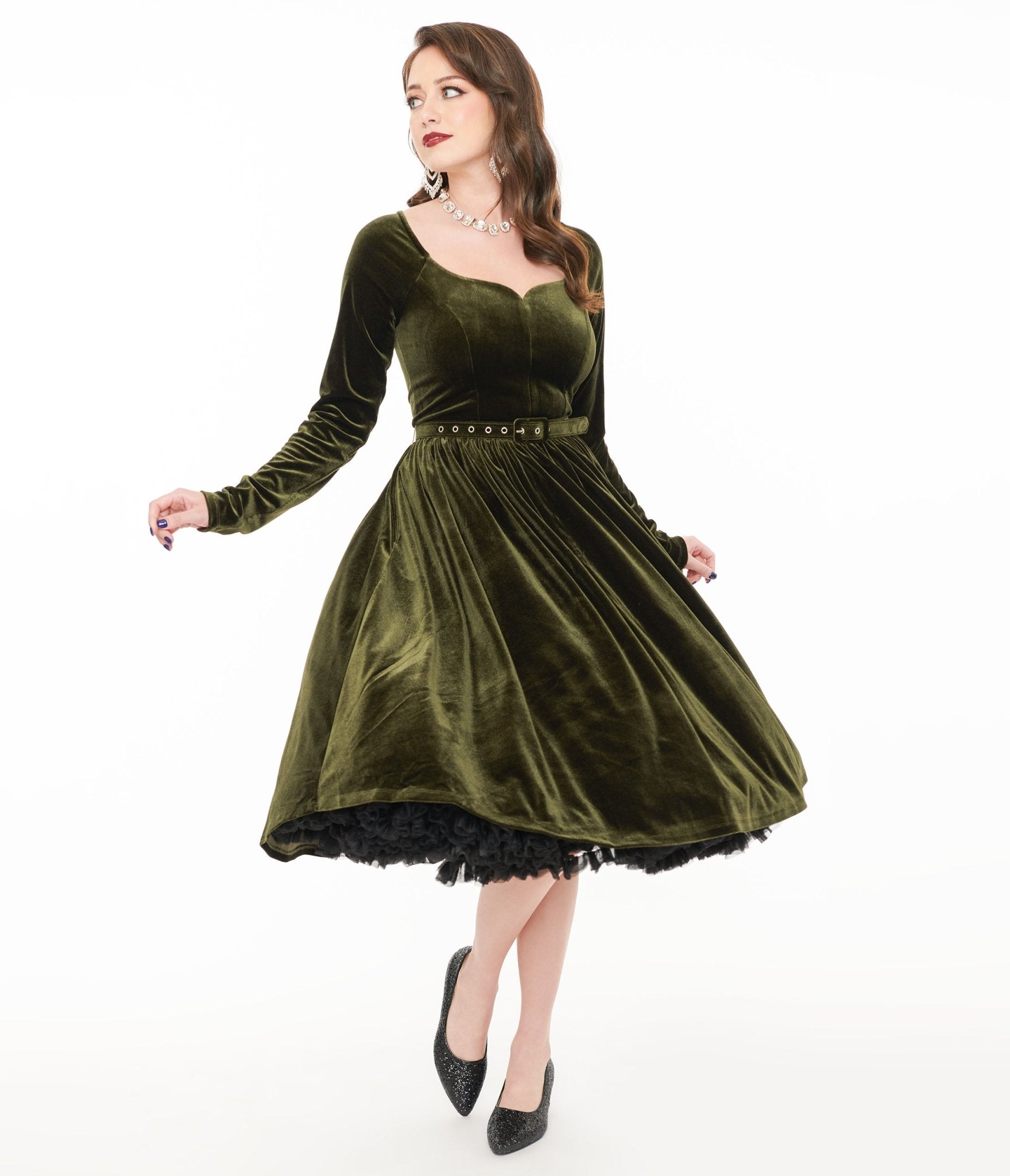 Unique Vintage 1950s Dark Olive Velvet Sweetheart Swing Dress - Unique Vintage - Womens, DRESSES, SWING