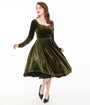 Unique Vintage 1950s Dark Olive Velvet Sweetheart Swing Dress