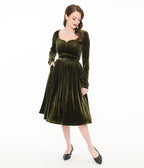 Unique Vintage 1950s Dark Olive Velvet Sweetheart Swing Dress - Unique Vintage - Womens, DRESSES, SWING