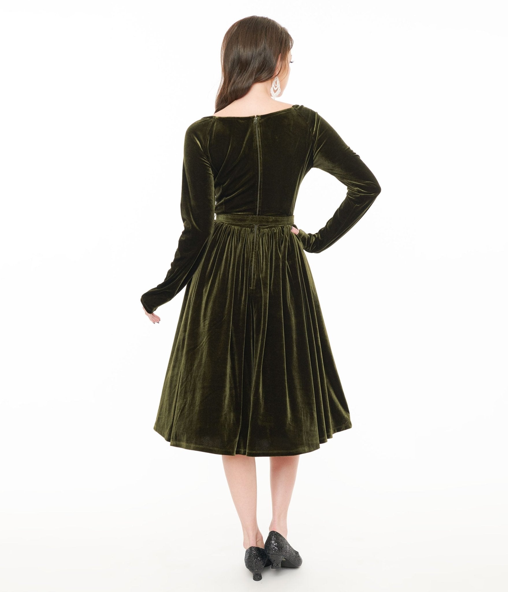 Unique Vintage 1950s Dark Olive Velvet Sweetheart Swing Dress - Unique Vintage - Womens, DRESSES, SWING