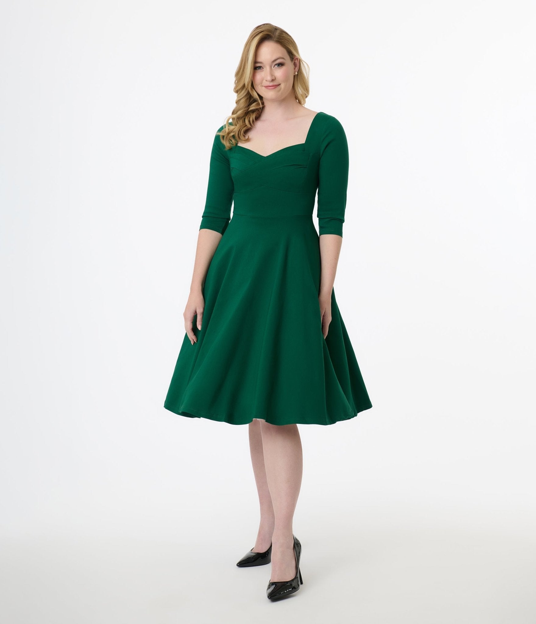 Unique Vintage 1950s Emerald Green Pleated Bust Swing Dress - Unique Vintage - Womens, DRESSES, SWING