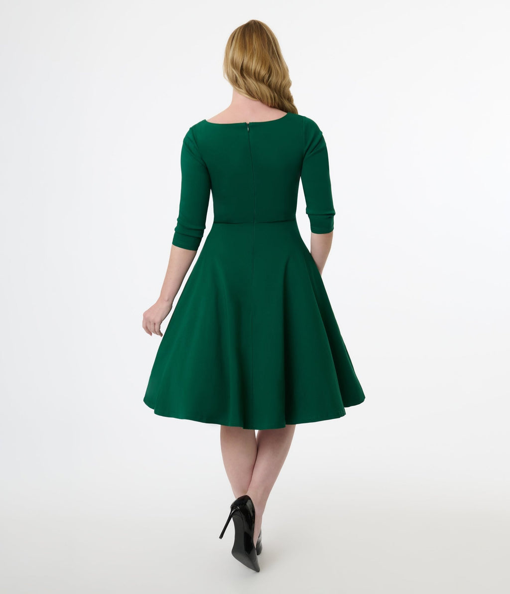 Unique Vintage 1950s Emerald Green Pleated Bust Swing Dress - Unique Vintage - Womens, DRESSES, SWING