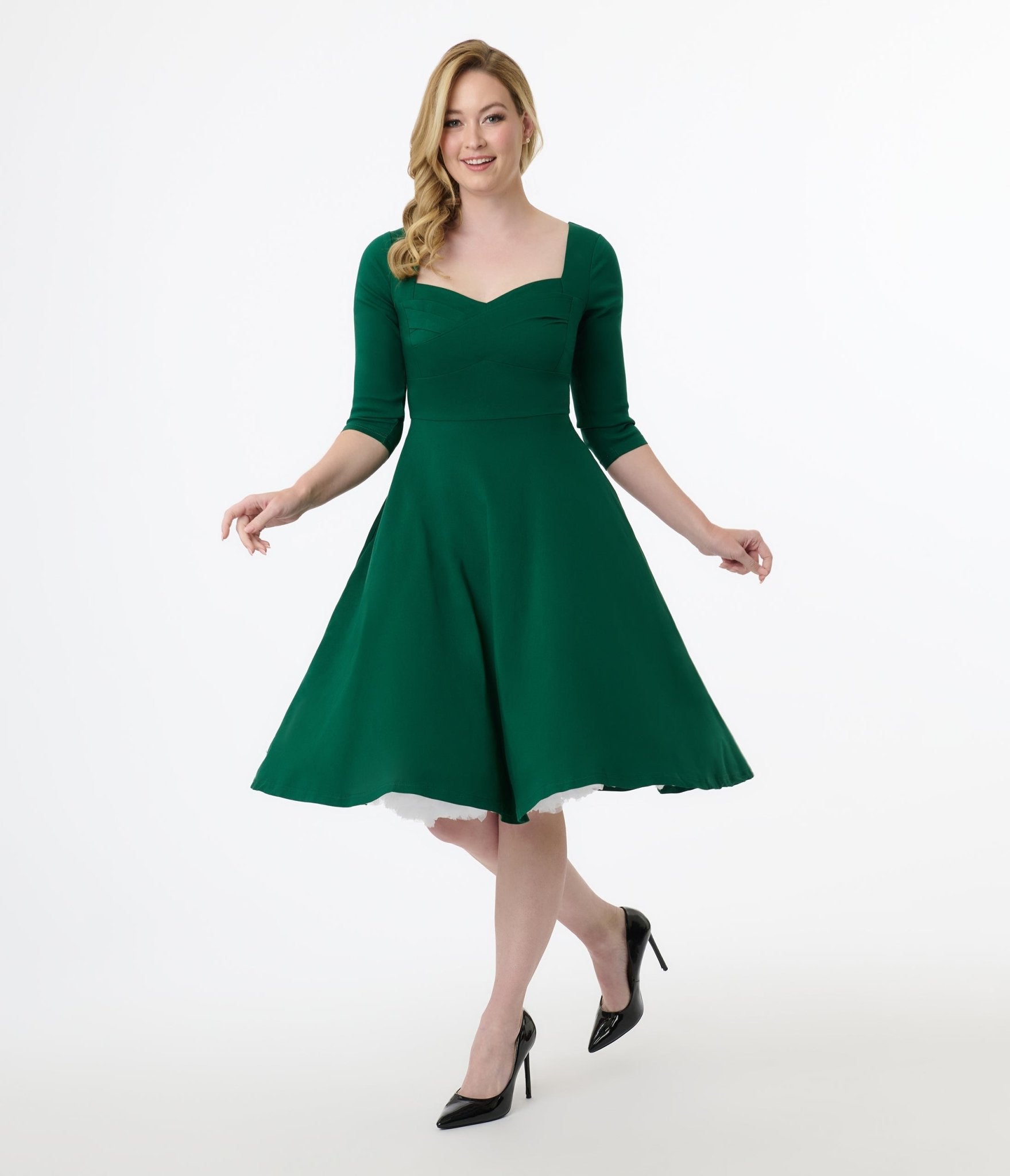 Unique Vintage 1950s Emerald Green Pleated Bust Swing Dress - Unique Vintage - Womens, DRESSES, SWING
