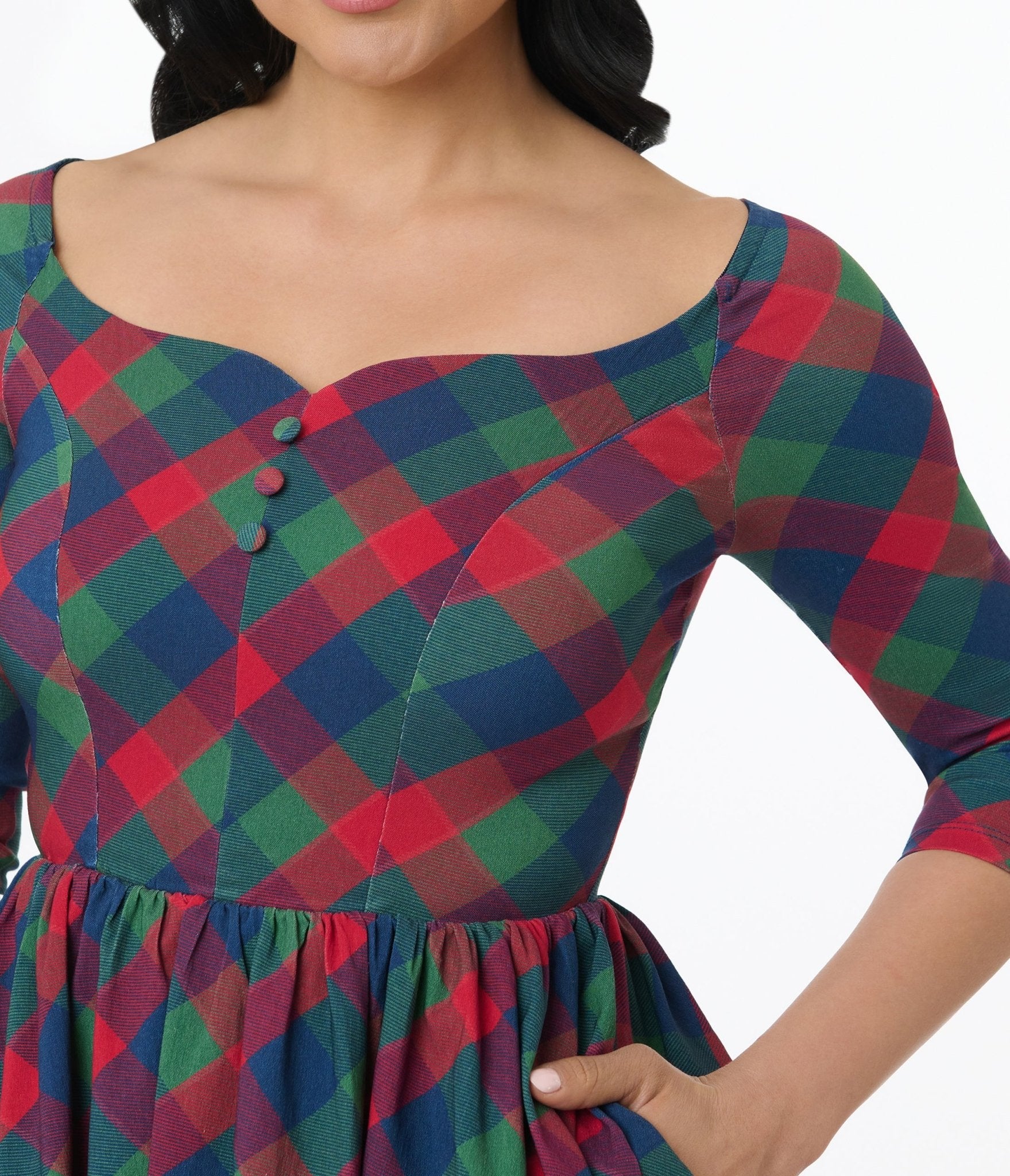 Unique Vintage 1950s Green & Red Plaid Sweetheart Swing Dress - Unique Vintage - Womens, DRESSES, SWING