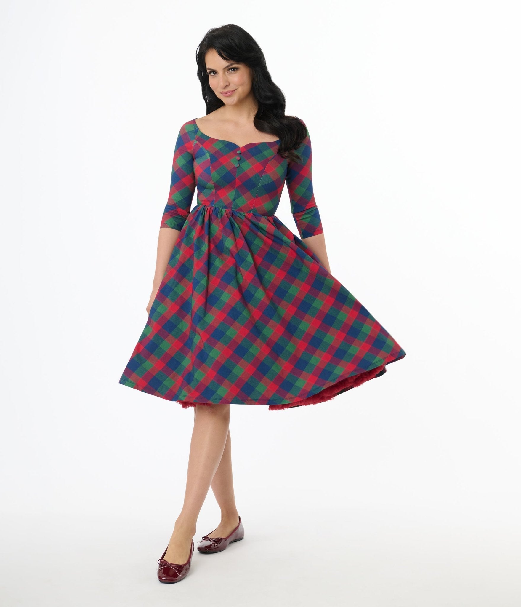 Unique Vintage 1950s Green & Red Plaid Sweetheart Swing Dress - Unique Vintage - Womens, DRESSES, SWING