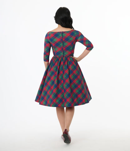 Unique Vintage 1950s Green & Red Plaid Sweetheart Swing Dress - Unique Vintage - Womens, DRESSES, SWING