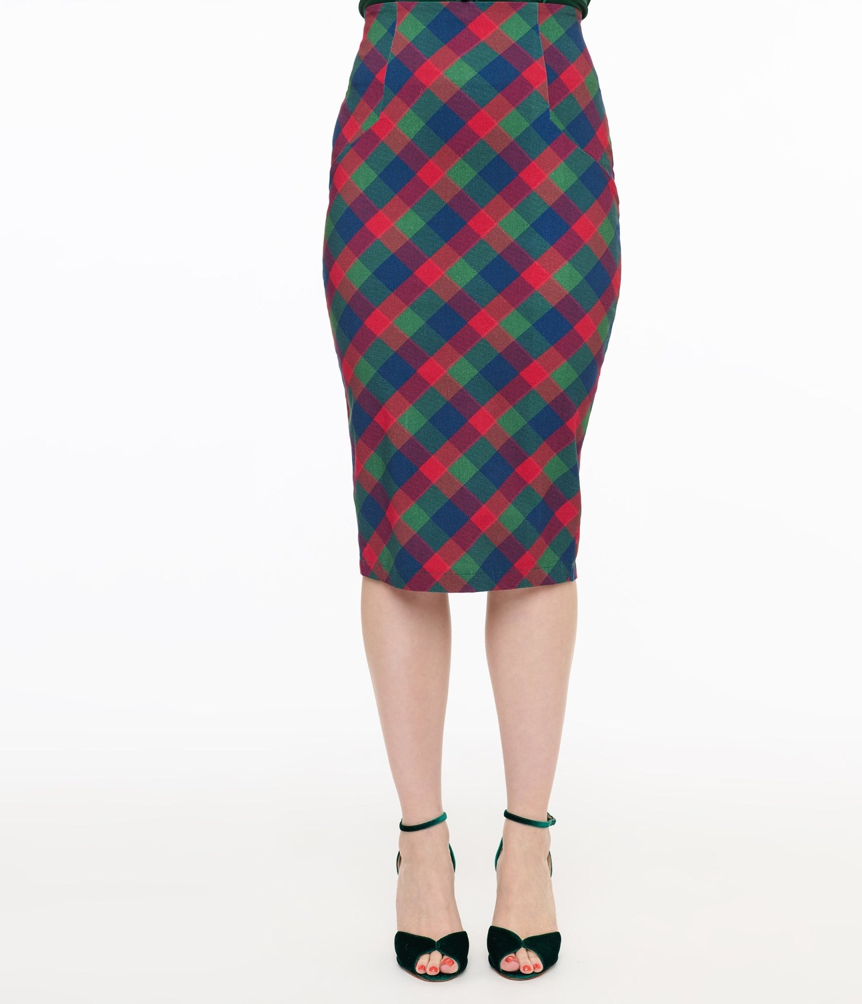 Unique Vintage 1950s Green & Red Plaid Tracy Pencil Skirt - Unique Vintage - Womens, BOTTOMS, SKIRTS