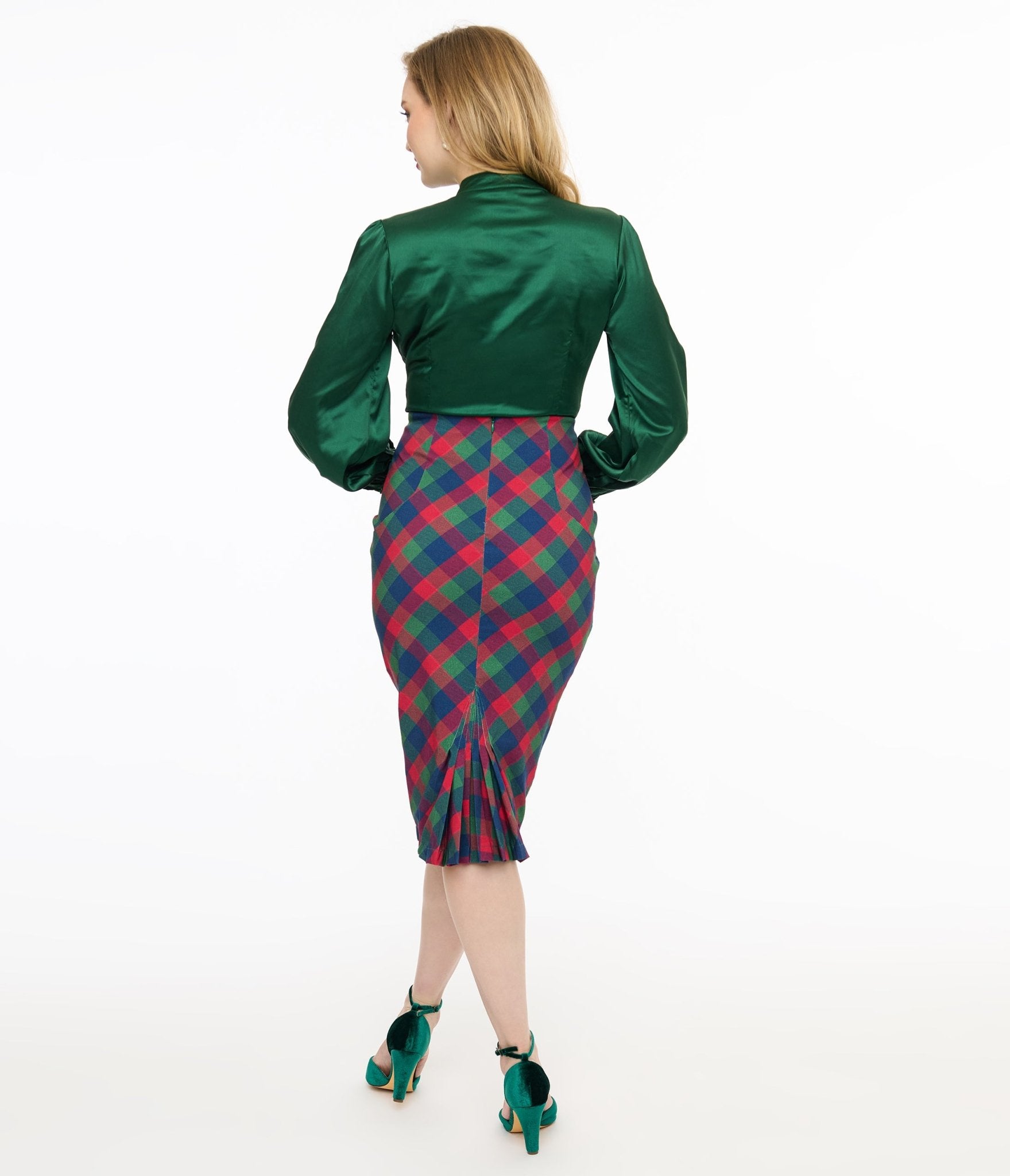 Unique Vintage 1950s Green & Red Plaid Tracy Pencil Skirt - Unique Vintage - Womens, BOTTOMS, SKIRTS