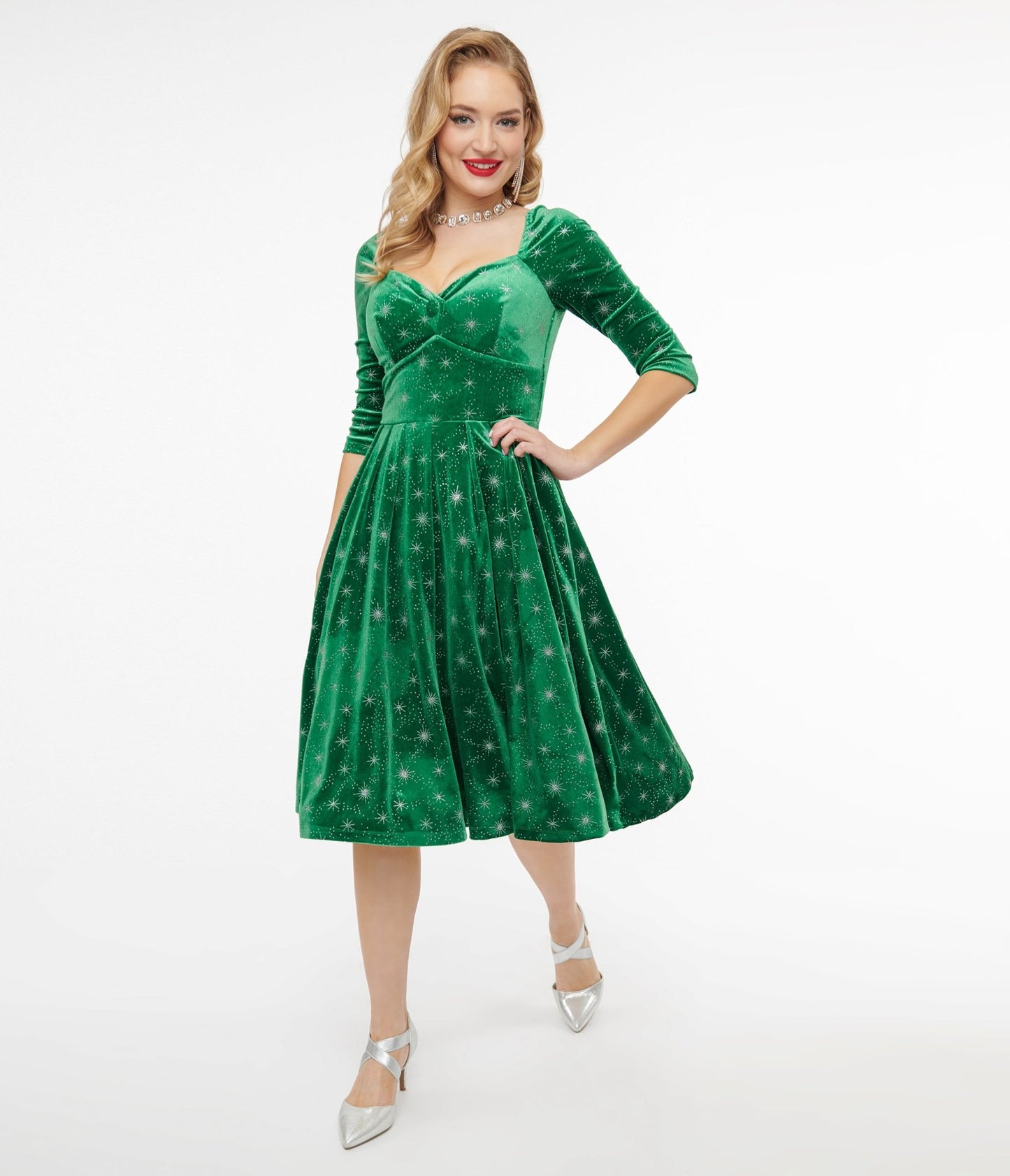 Unique Vintage 1950s Green & Silver Snowflake Velvet Lamar Swing Dress - Unique Vintage - Womens, DRESSES, SWING
