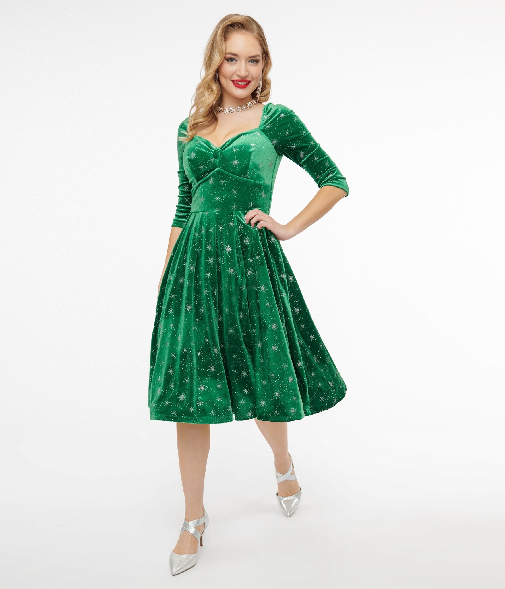 Unique Vintage 1950s Green & Silver Snowflake Velvet Lamar Swing Dress - Unique Vintage - Womens, DRESSES, SWING