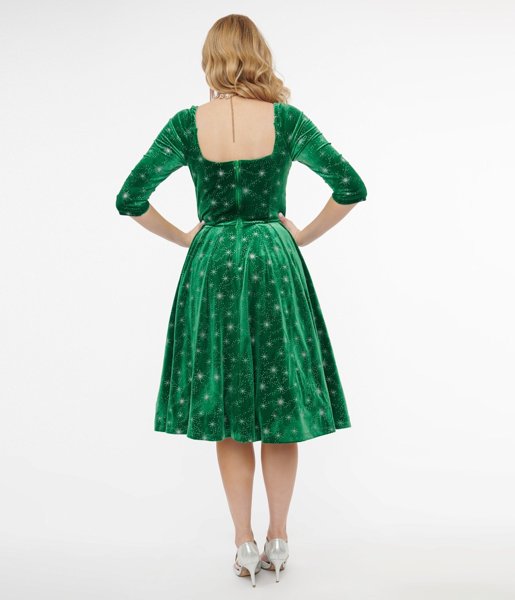 Unique Vintage 1950s Green & Silver Snowflake Velvet Lamar Swing Dress - Unique Vintage - Womens, DRESSES, SWING
