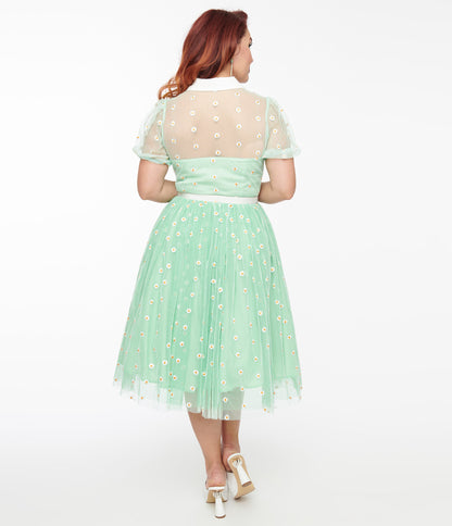 Unique Vintage 1950s Green & White Daisy Print Hollie Swing Dress - Unique Vintage - Womens, DRESSES, SWING