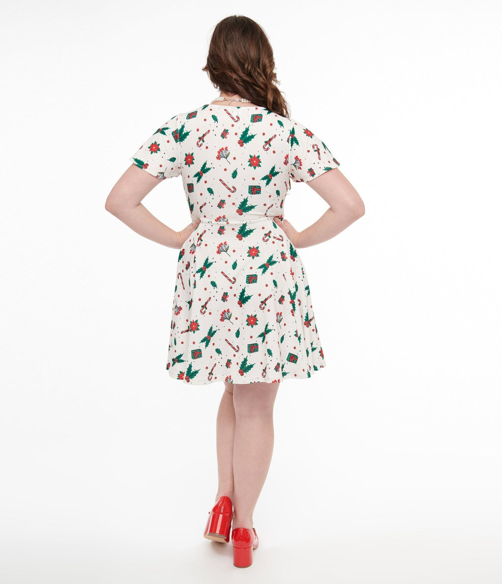 Unique Vintage 1950s Ivory Christmas Print Poppy Flare Dress - Unique Vintage - Womens, DRESSES, FIT AND FLARE