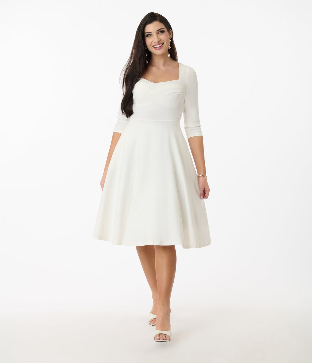 Unique Vintage 1950s Ivory Pleated Bust Swing Dress - Unique Vintage - Womens, DRESSES, SWING
