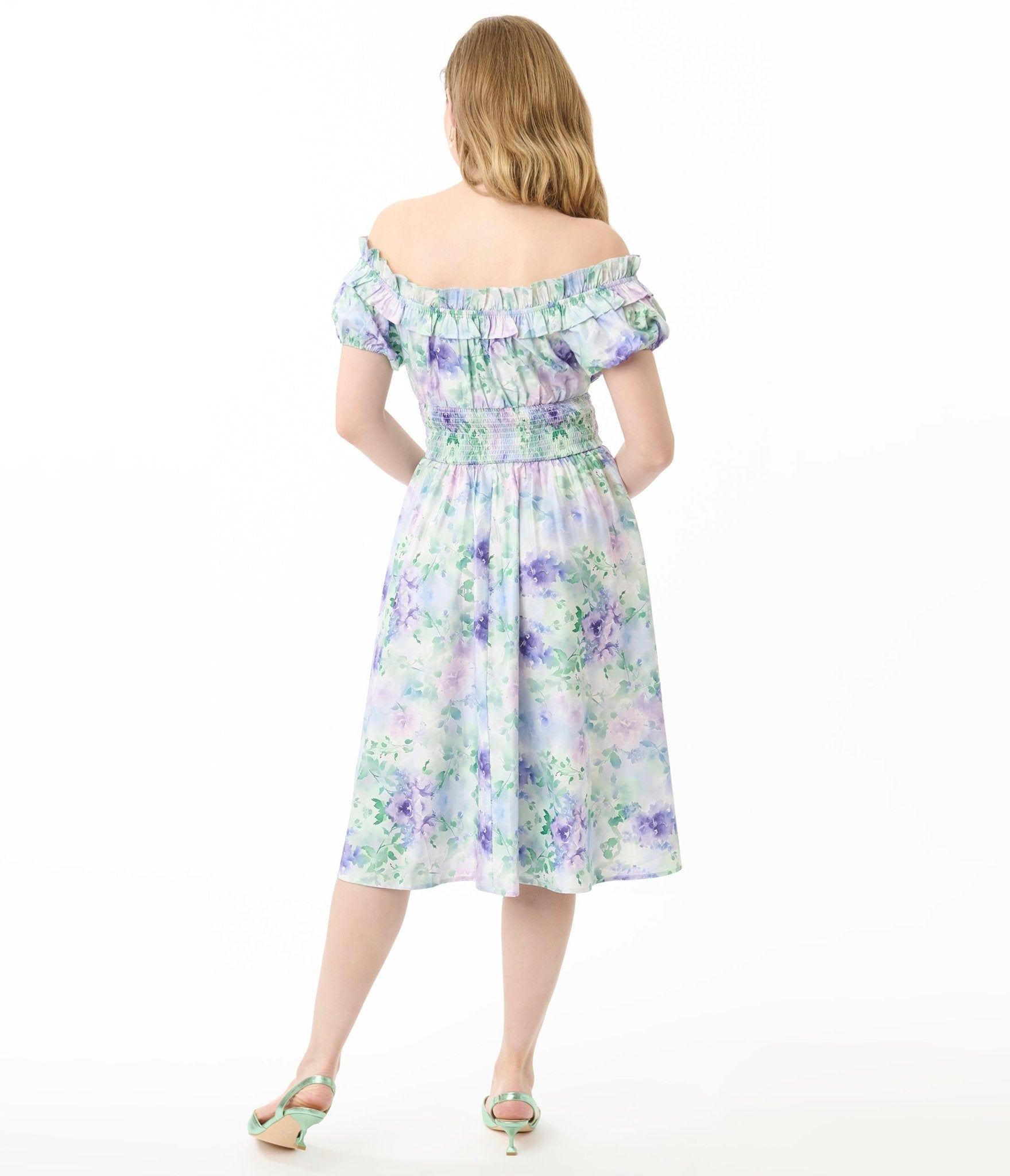 Unique Vintage 1950s Lavender Floral Off The Shoulder Ruffle Swing Dress - Unique Vintage - Womens, DRESSES, SWING