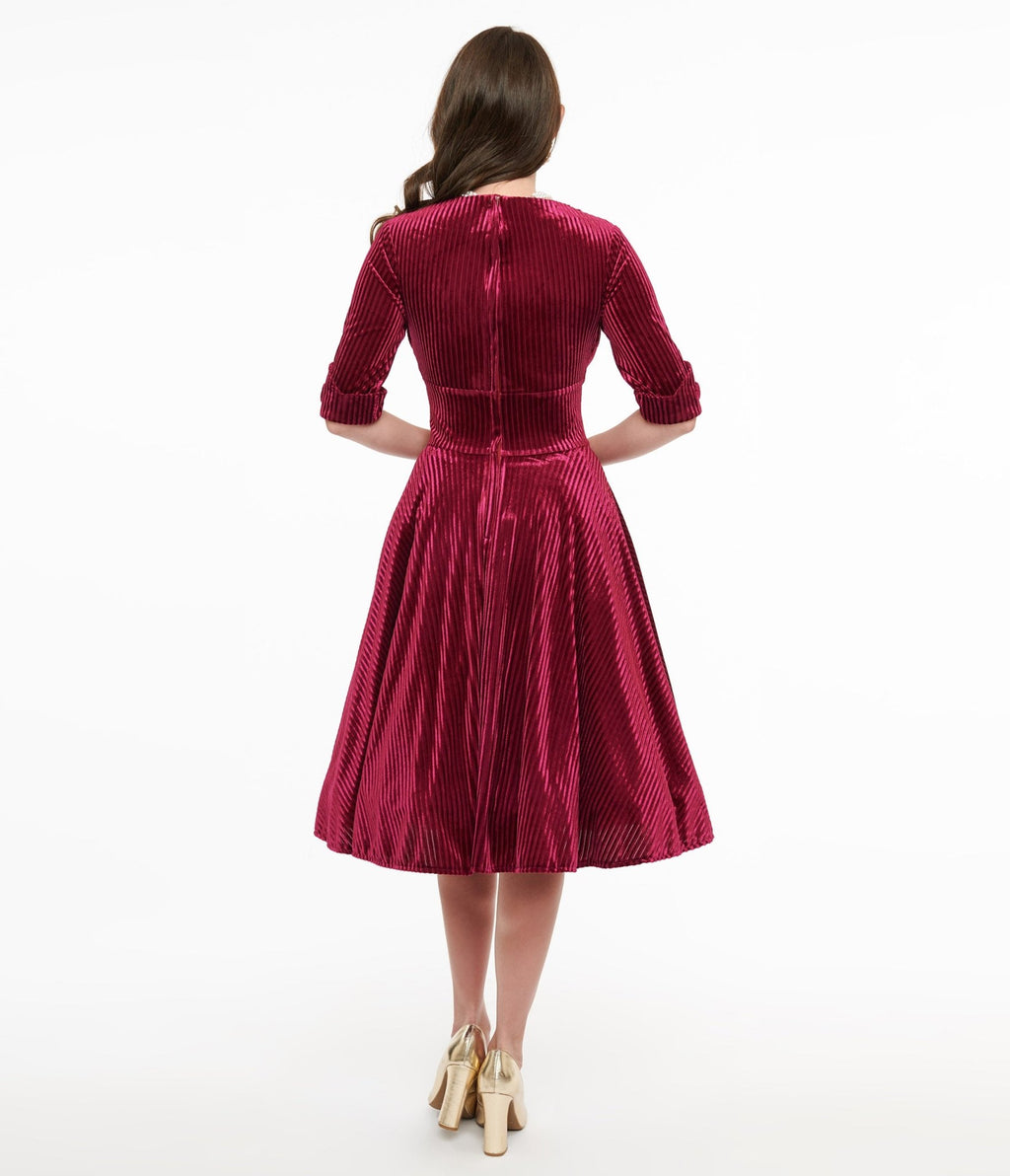 Unique Vintage 1950s Merlot Textured Velvet Delores Swing Dress - Unique Vintage - Womens, DRESSES, SWING