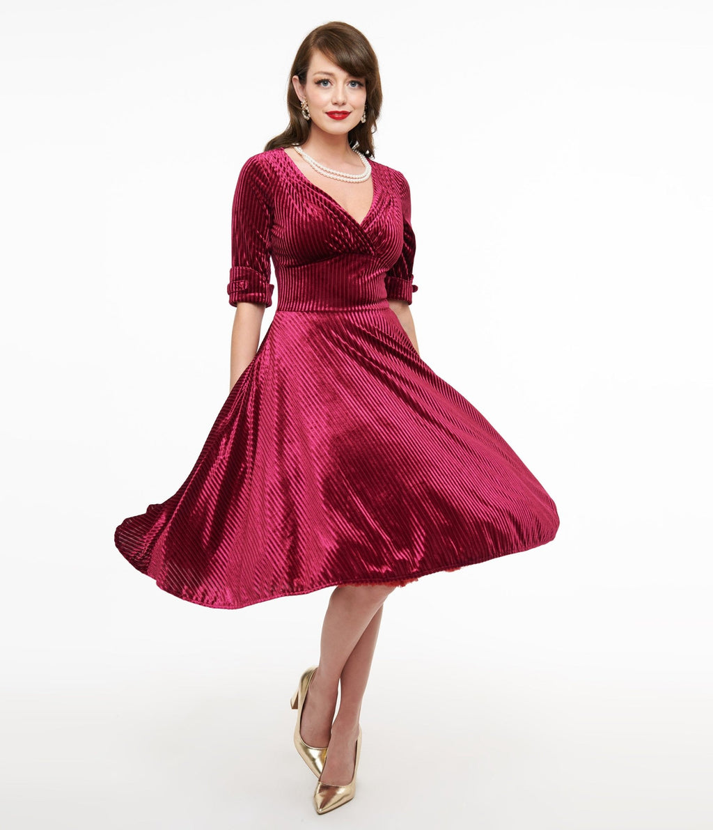Unique Vintage 1950s Merlot Textured Velvet Delores Swing Dress - Unique Vintage - Womens, DRESSES, SWING