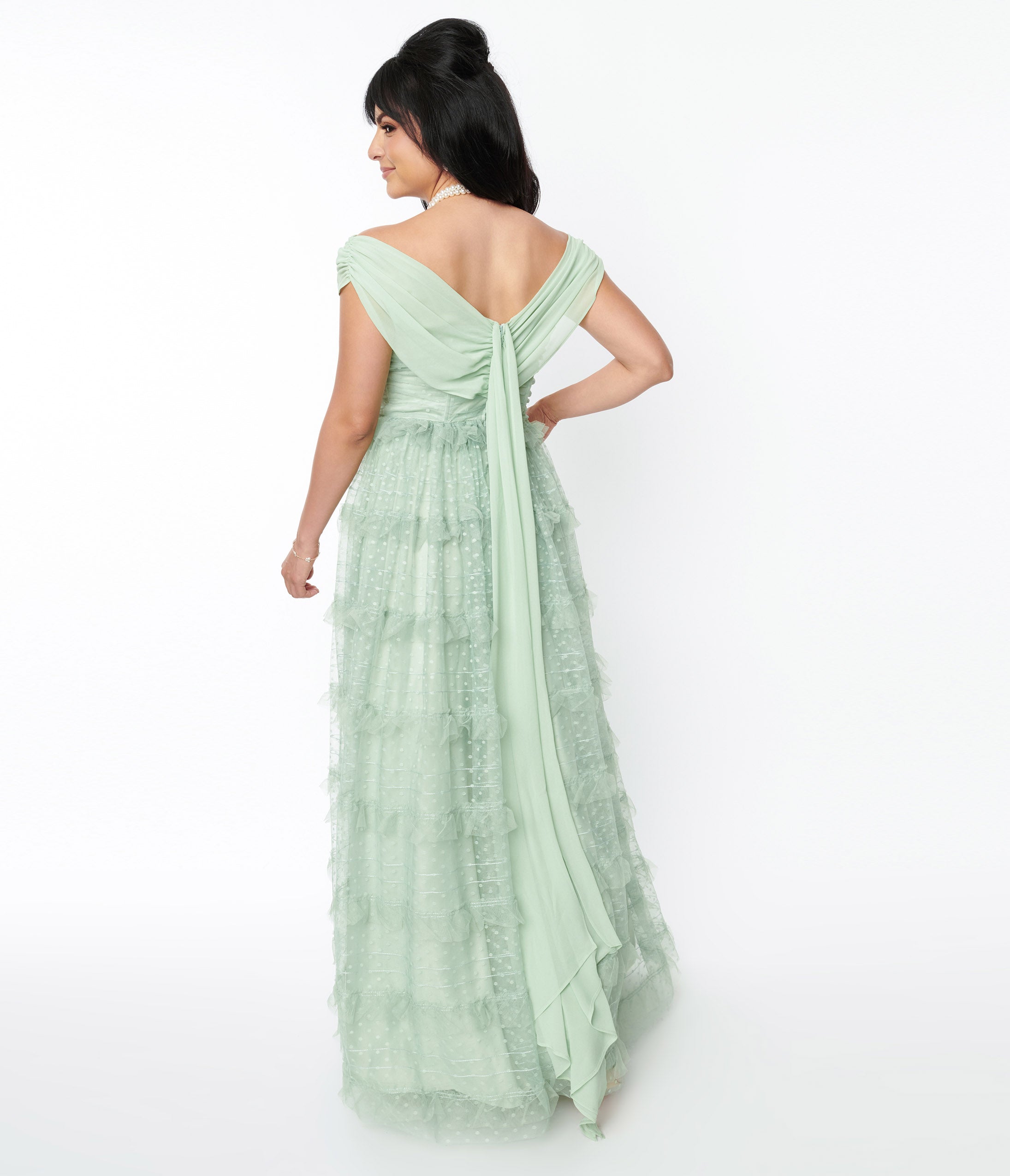 Unique Vintage 1950s Green Clip Dot Off Shoulder Cocktail Dress - Unique Vintage - Womens, DRESSES, PROM & SPECIAL OCCASION