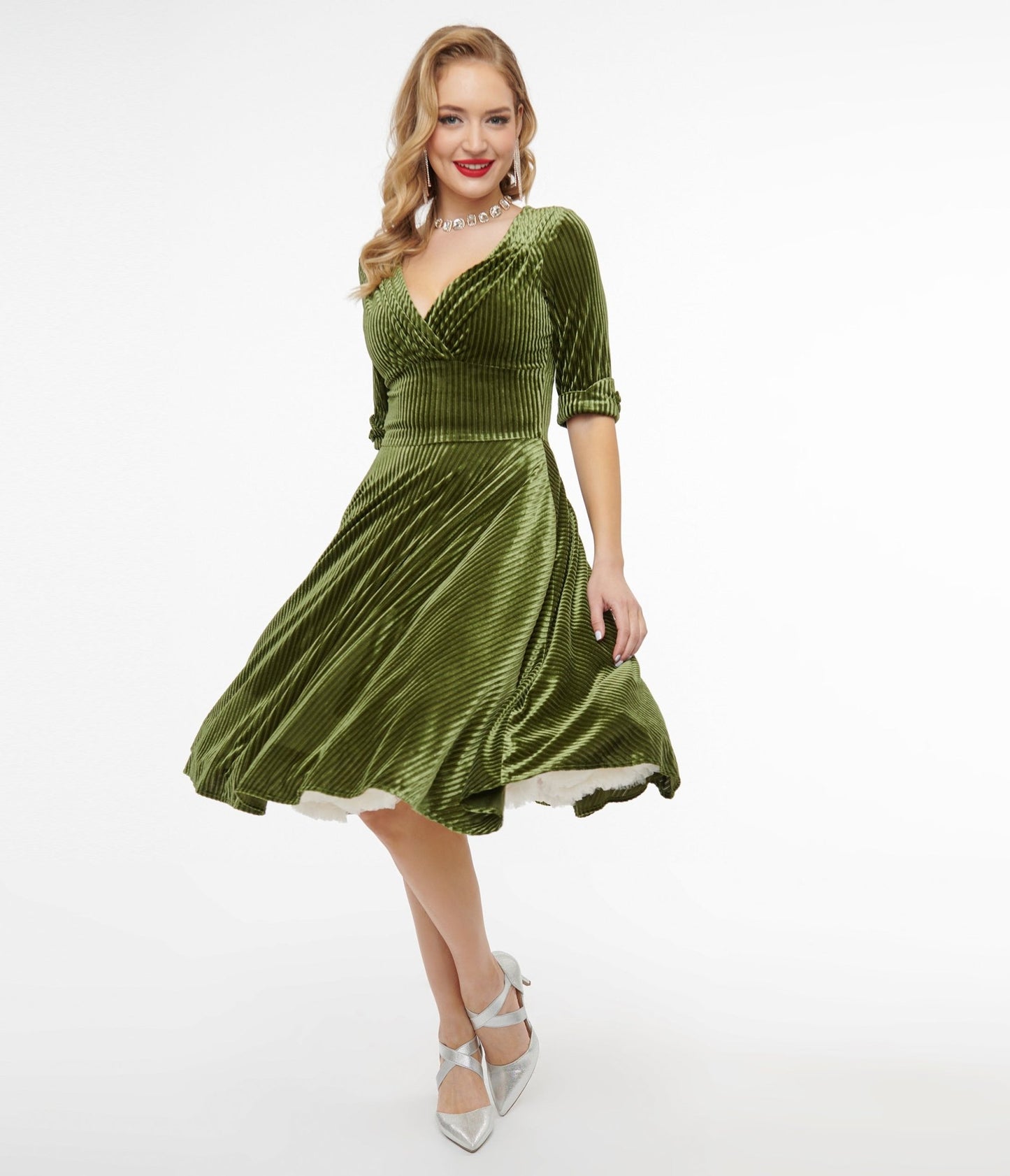 Unique Vintage 1950s Moss Green Velvet Delores Swing Dress - Unique Vintage - Womens, DRESSES, SWING