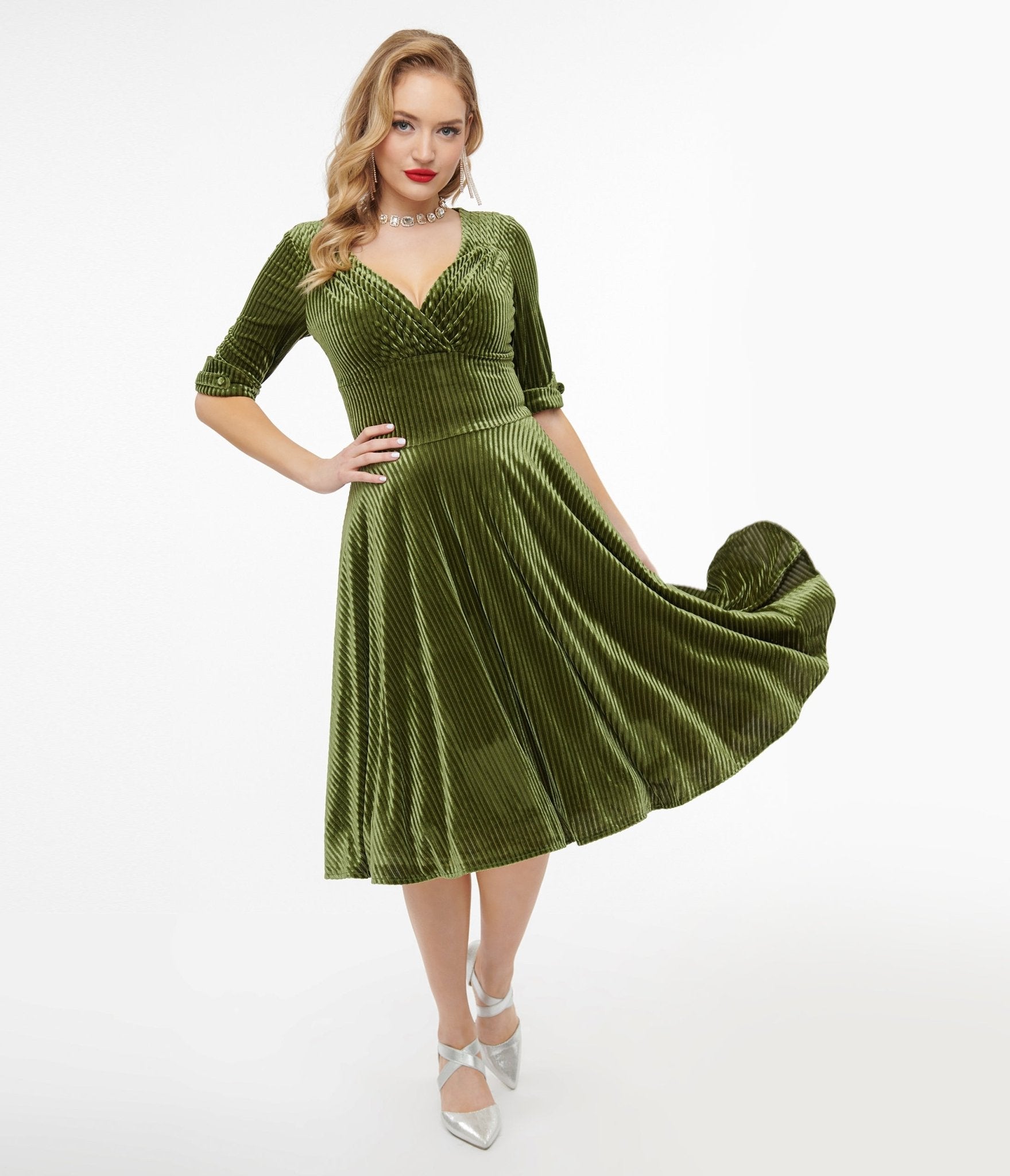 Unique Vintage 1950s Moss Green Velvet Delores Swing Dress - Unique Vintage - Womens, DRESSES, SWING