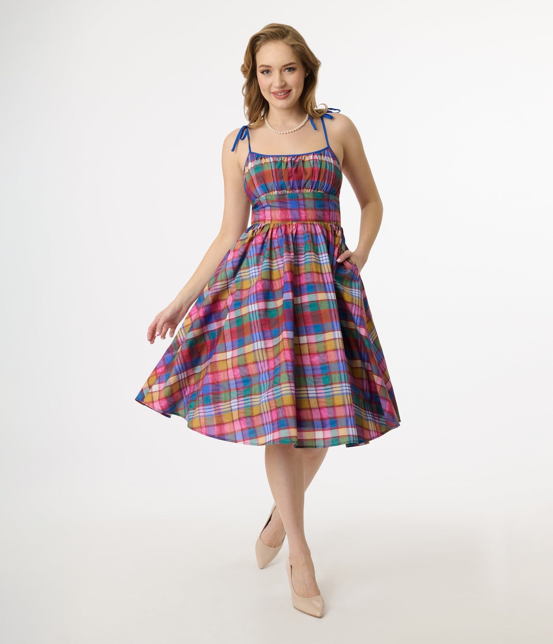Unique Vintage 1950s Multicolor Plaid Sleeveless Cotton Swing Dress - Unique Vintage - Womens, DRESSES, SWING