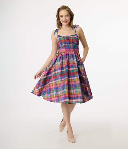 Unique Vintage 1950s Multicolor Plaid Sleeveless Cotton Swing Dress - Unique Vintage - Womens, DRESSES, SWING