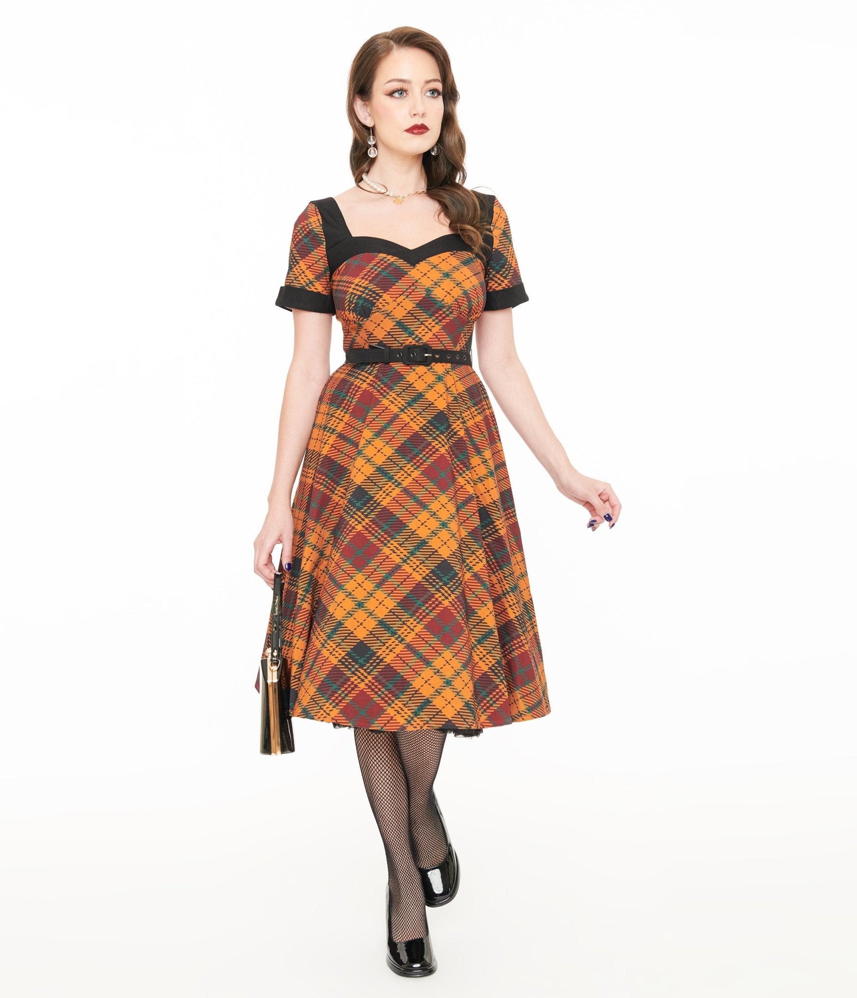 Unique Vintage 1950s Mustard Yellow & Burgundy Plaid Swing Dress - Unique Vintage - Womens, DRESSES, SWING