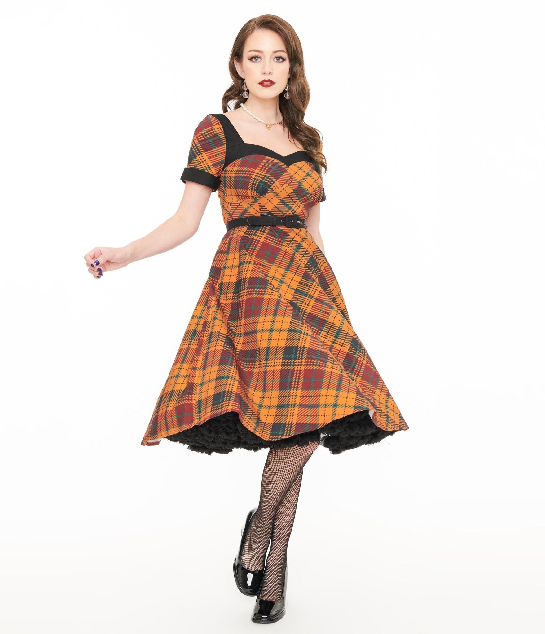 Unique Vintage 1950s Mustard Yellow & Burgundy Plaid Swing Dress - Unique Vintage - Womens, DRESSES, SWING