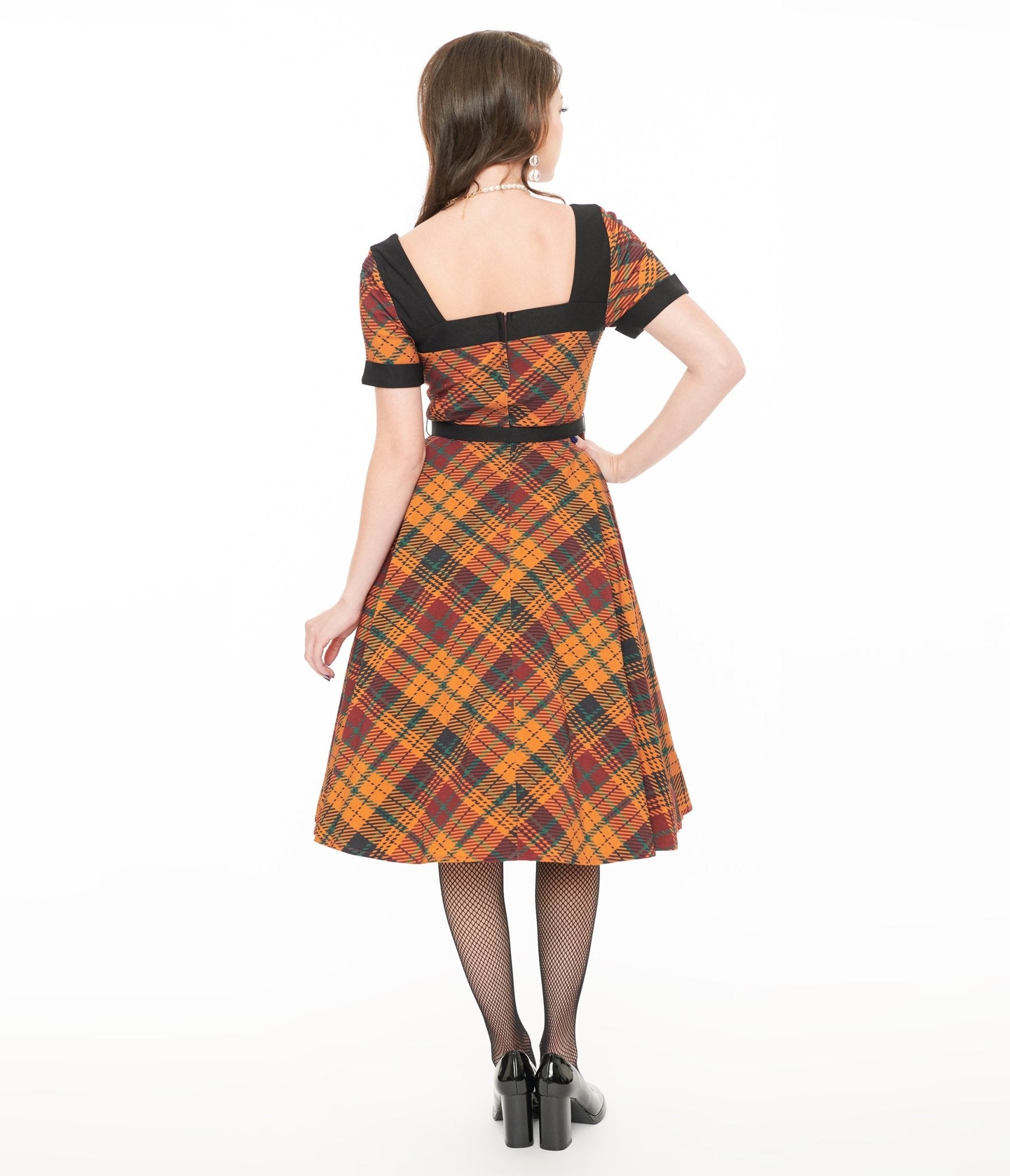 Unique Vintage 1950s Mustard Yellow & Burgundy Plaid Swing Dress - Unique Vintage - Womens, DRESSES, SWING