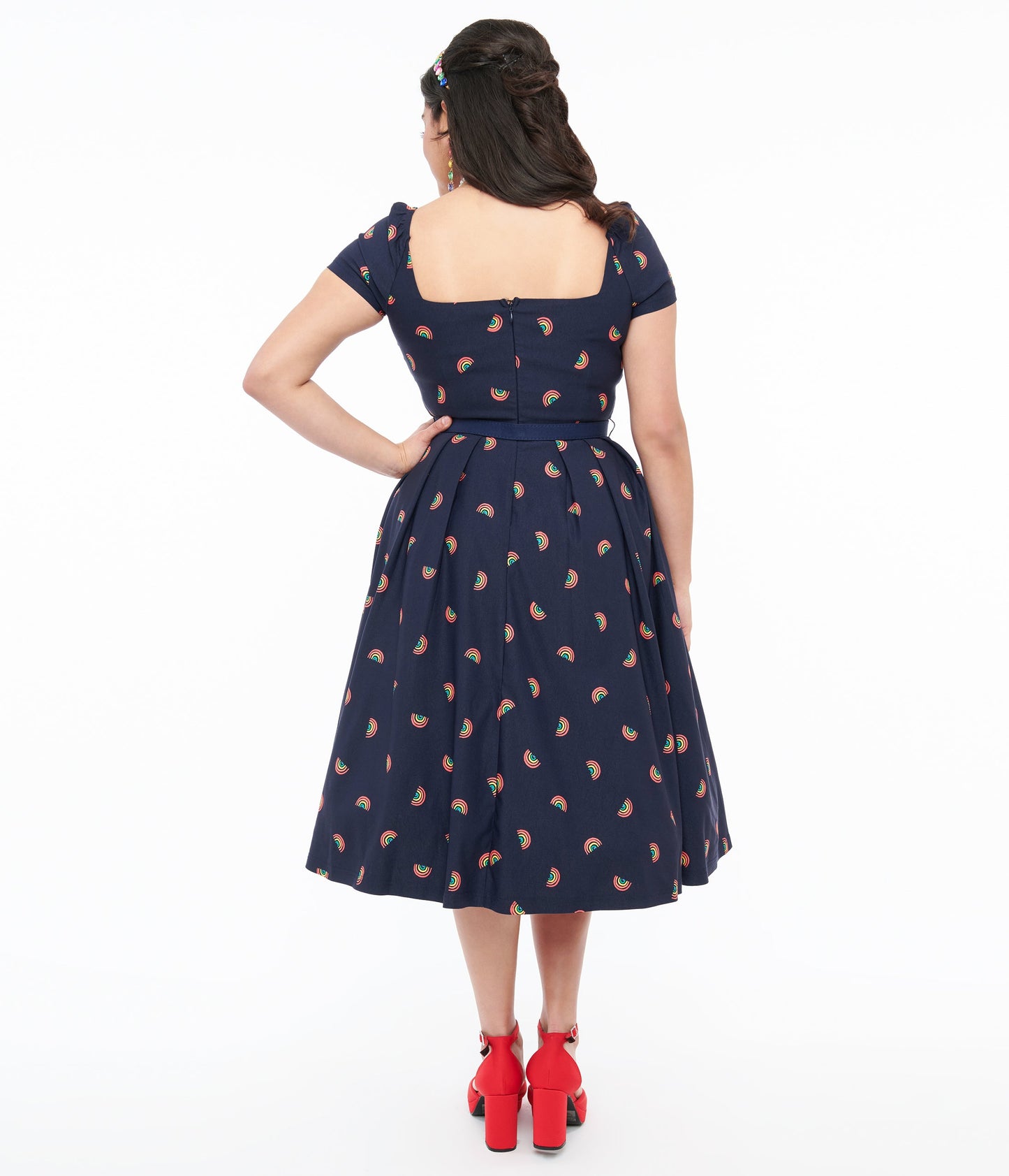 Unique Vintage 1950s Navy & Rainbow Stamp Midge Swing Dress - Unique Vintage - Womens, DRESSES, SWING