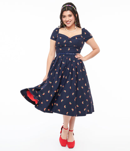 Unique Vintage 1950s Navy & Rainbow Stamp Midge Swing Dress - Unique Vintage - Womens, DRESSES, SWING