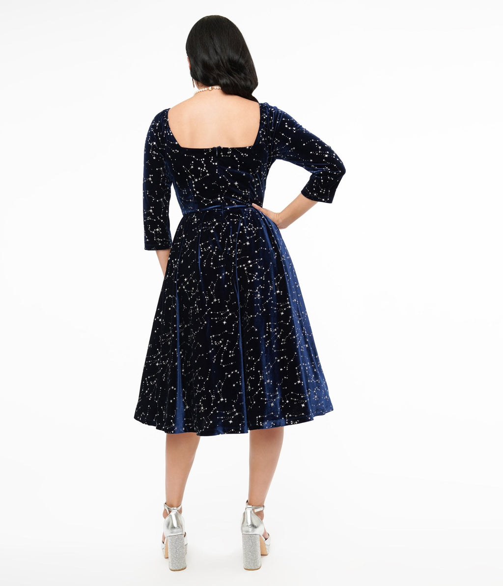 Unique Vintage 1950s Navy & Silver Star Velvet Lamar Swing Dress - Unique Vintage - Womens, DRESSES, SWING