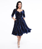 Unique Vintage 1950s Navy & Silver Star Velvet Lamar Swing Dress - Unique Vintage - Womens, DRESSES, SWING