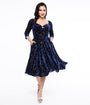 Unique Vintage 1950s Navy & Silver Star Velvet Lamar Swing Dress