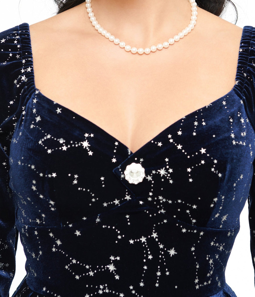 Unique Vintage 1950s Navy & Silver Star Velvet Lamar Swing Dress - Unique Vintage - Womens, DRESSES, SWING