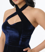 Unique Vintage 1950s Navy Velvet Criss Cross Halter Rita Flare Dress - Unique Vintage - Womens, DRESSES, SWING