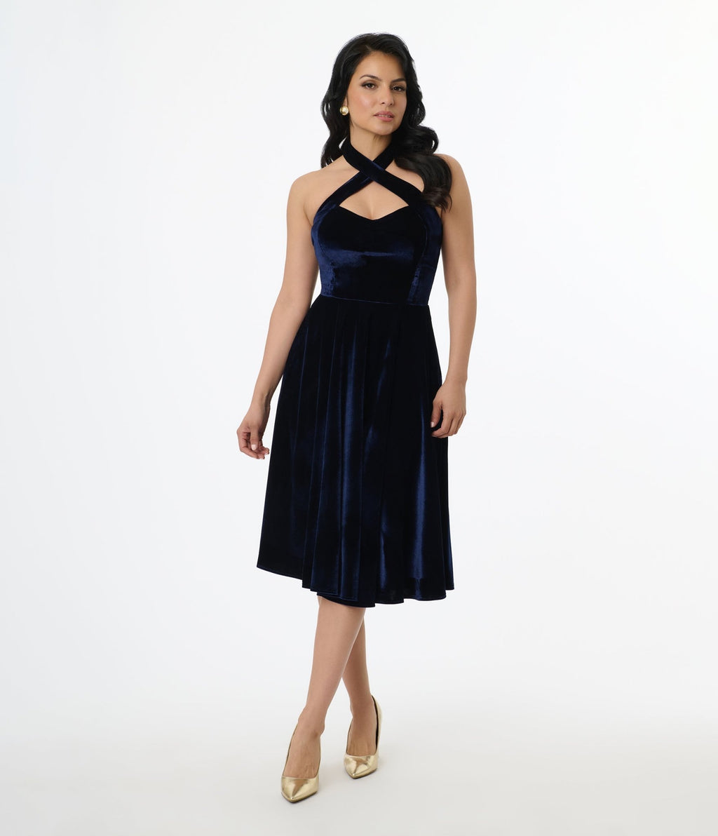 Unique Vintage 1950s Navy Velvet Criss Cross Halter Rita Flare Dress - Unique Vintage - Womens, DRESSES, SWING