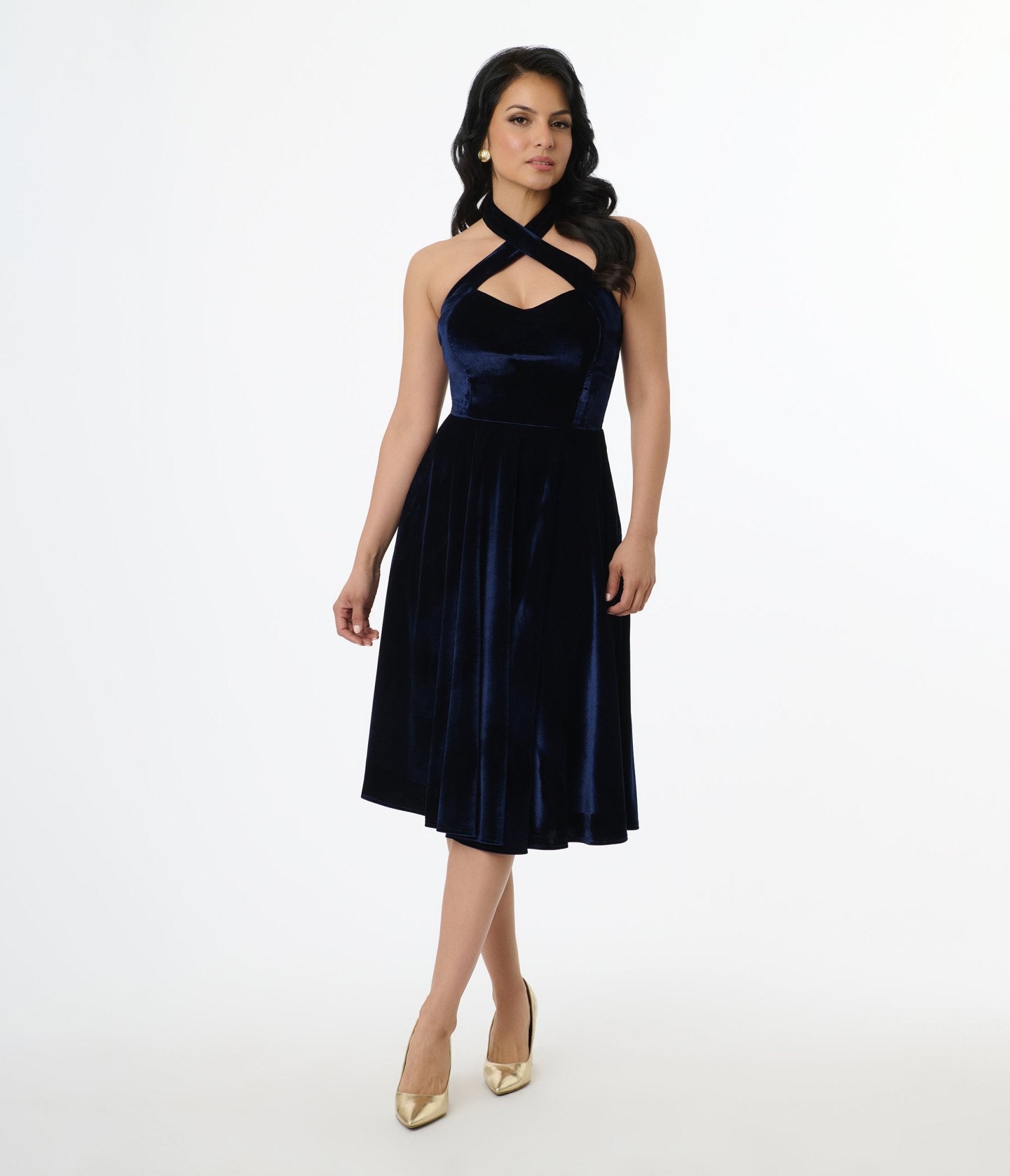 Unique Vintage 1950s Navy Velvet Criss Cross Halter Rita Flare Dress - Unique Vintage - Womens, DRESSES, SWING