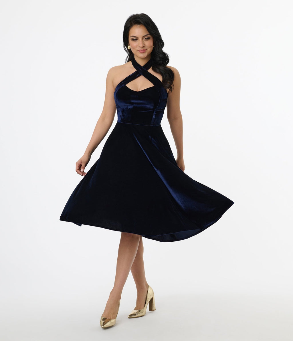 Unique Vintage 1950s Navy Velvet Criss Cross Halter Rita Flare Dress - Unique Vintage - Womens, DRESSES, SWING