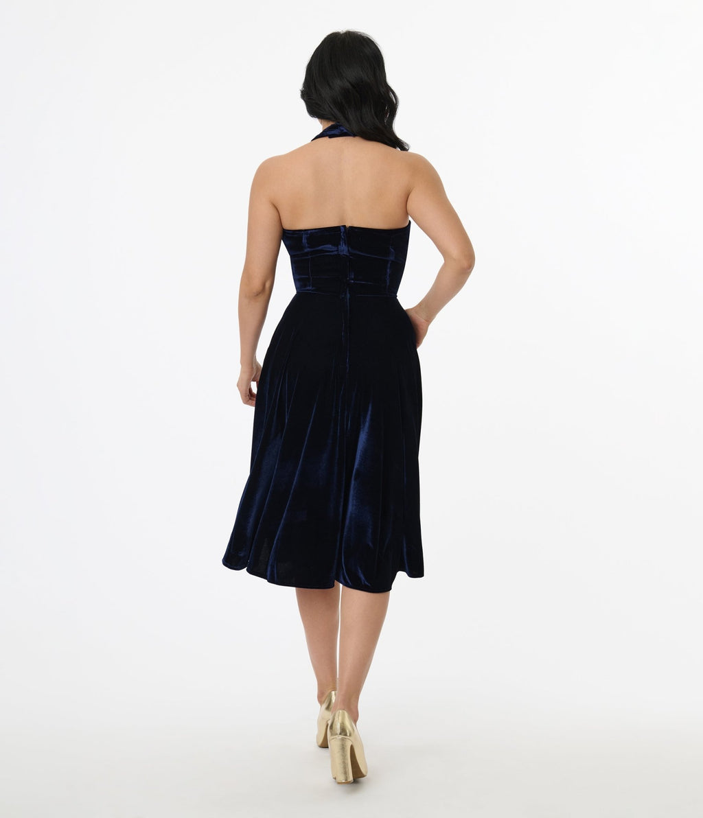 Unique Vintage 1950s Navy Velvet Criss Cross Halter Rita Flare Dress - Unique Vintage - Womens, DRESSES, SWING