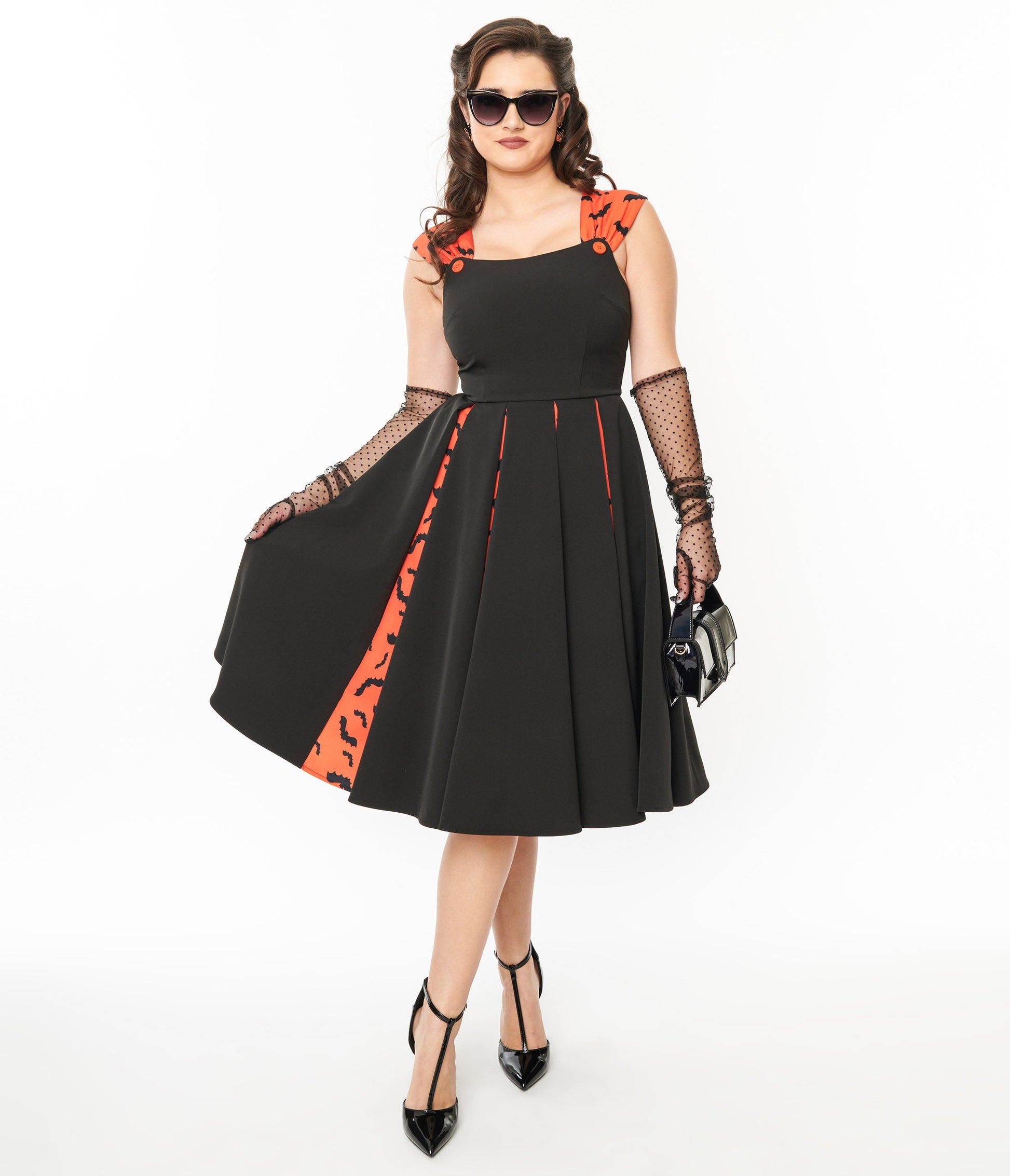 Unique Vintage 1950s Orange & Black Bat Stripe Swing Dress - Unique Vintage - Womens, HALLOWEEN, DRESSES