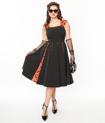 Unique Vintage 1950s Orange & Black Bat Stripe Swing Dress - Unique Vintage - Womens, HALLOWEEN, DRESSES