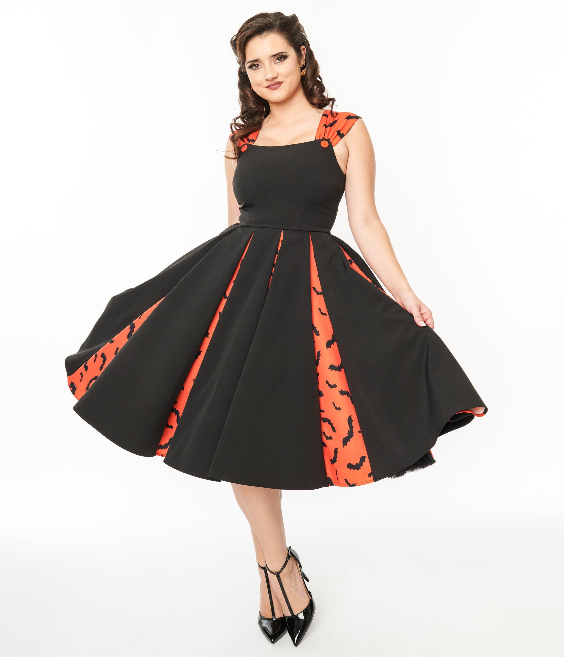 Unique Vintage 1950s Orange & Black Bat Stripe Swing Dress - Unique Vintage - Womens, HALLOWEEN, DRESSES