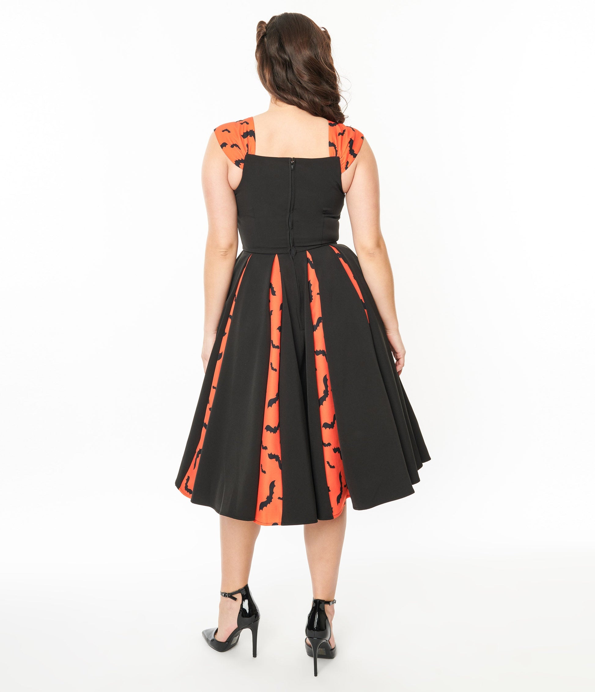 Unique Vintage 1950s Orange & Black Bat Stripe Swing Dress - Unique Vintage - Womens, HALLOWEEN, DRESSES