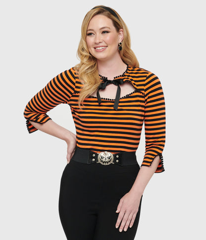 Unique Vintage 1950s Orange & Black Stripe Cutout Neck Tie Top - Unique Vintage - Womens, HALLOWEEN, TOPS