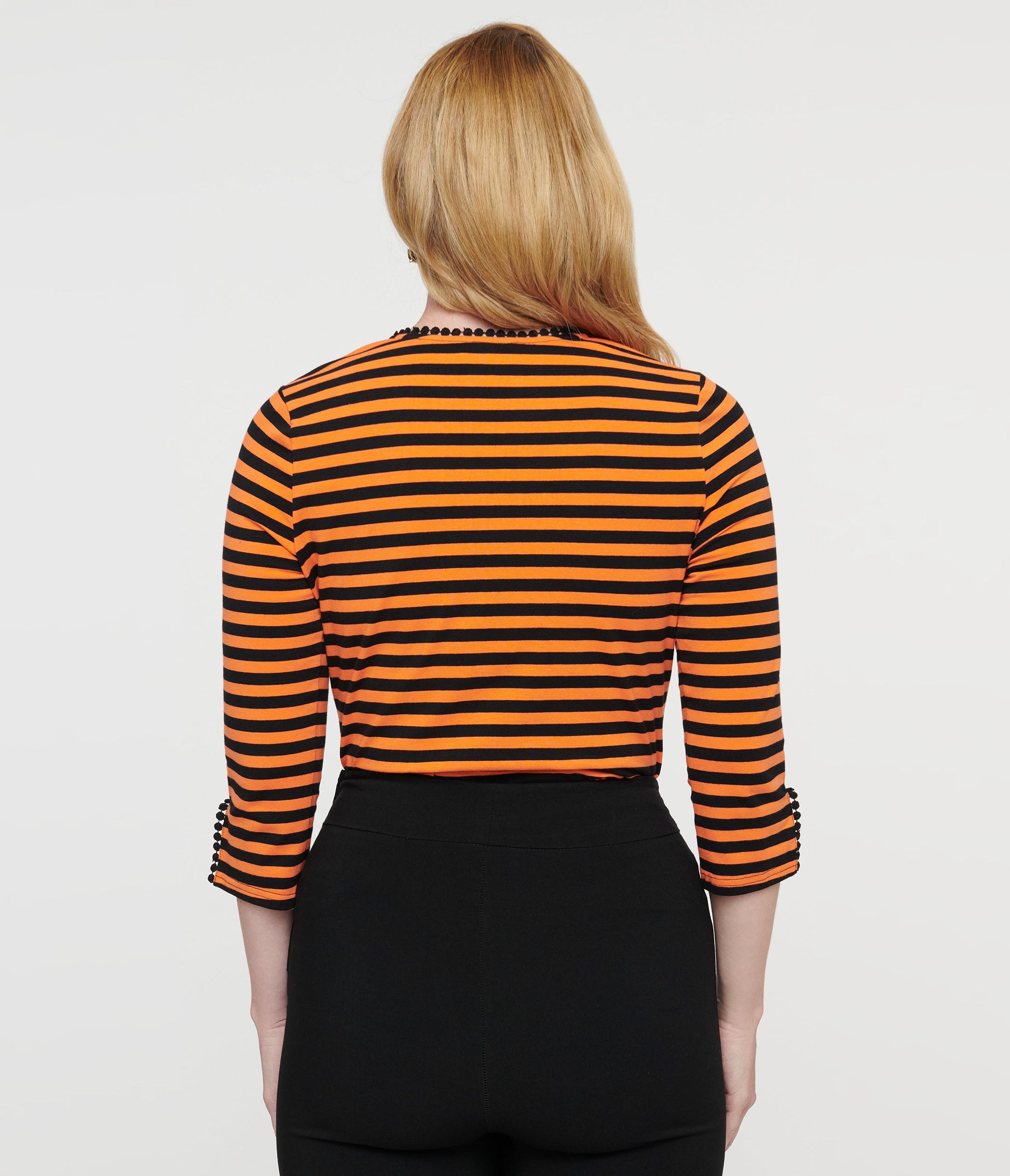Unique Vintage 1950s Orange & Black Stripe Cutout Neck Tie Top - Unique Vintage - Womens, HALLOWEEN, TOPS