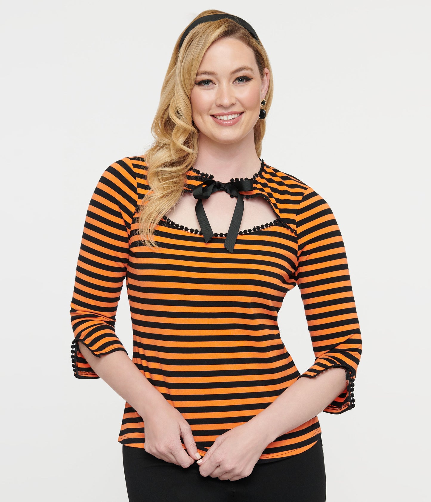 Unique Vintage 1950s Orange & Black Stripe Cutout Neck Tie Top - Unique Vintage - Womens, HALLOWEEN, TOPS